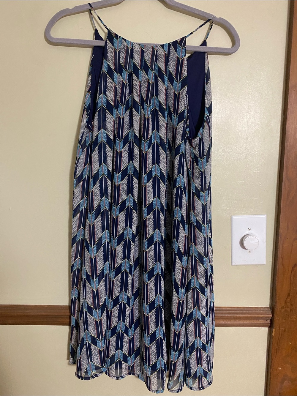Staccato Navy Blue Chevron Midi Dress with Teal and White Accents